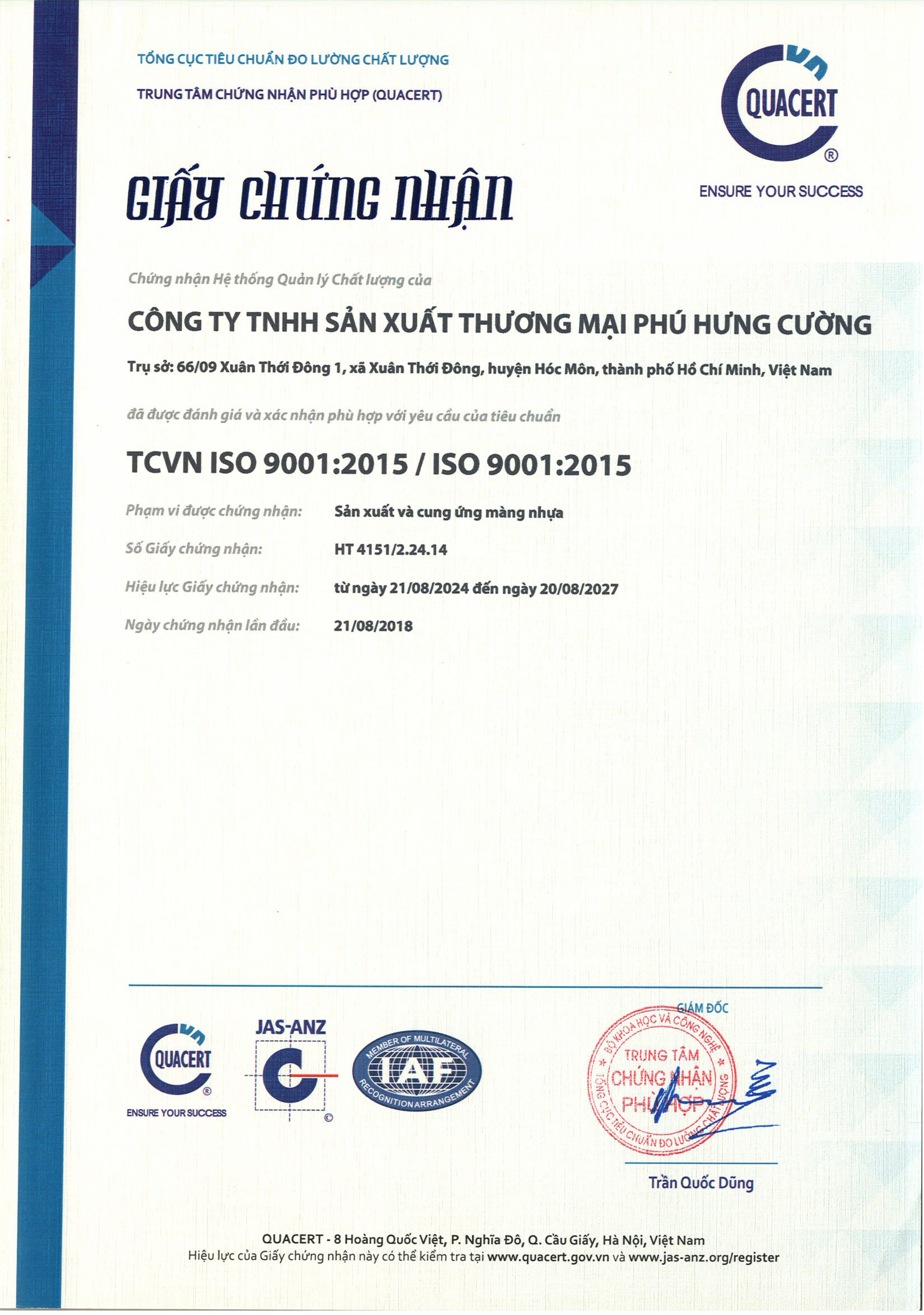 Giấy chứng nhận TCVN ISO 9001:2015 - Phú Hưng Cường